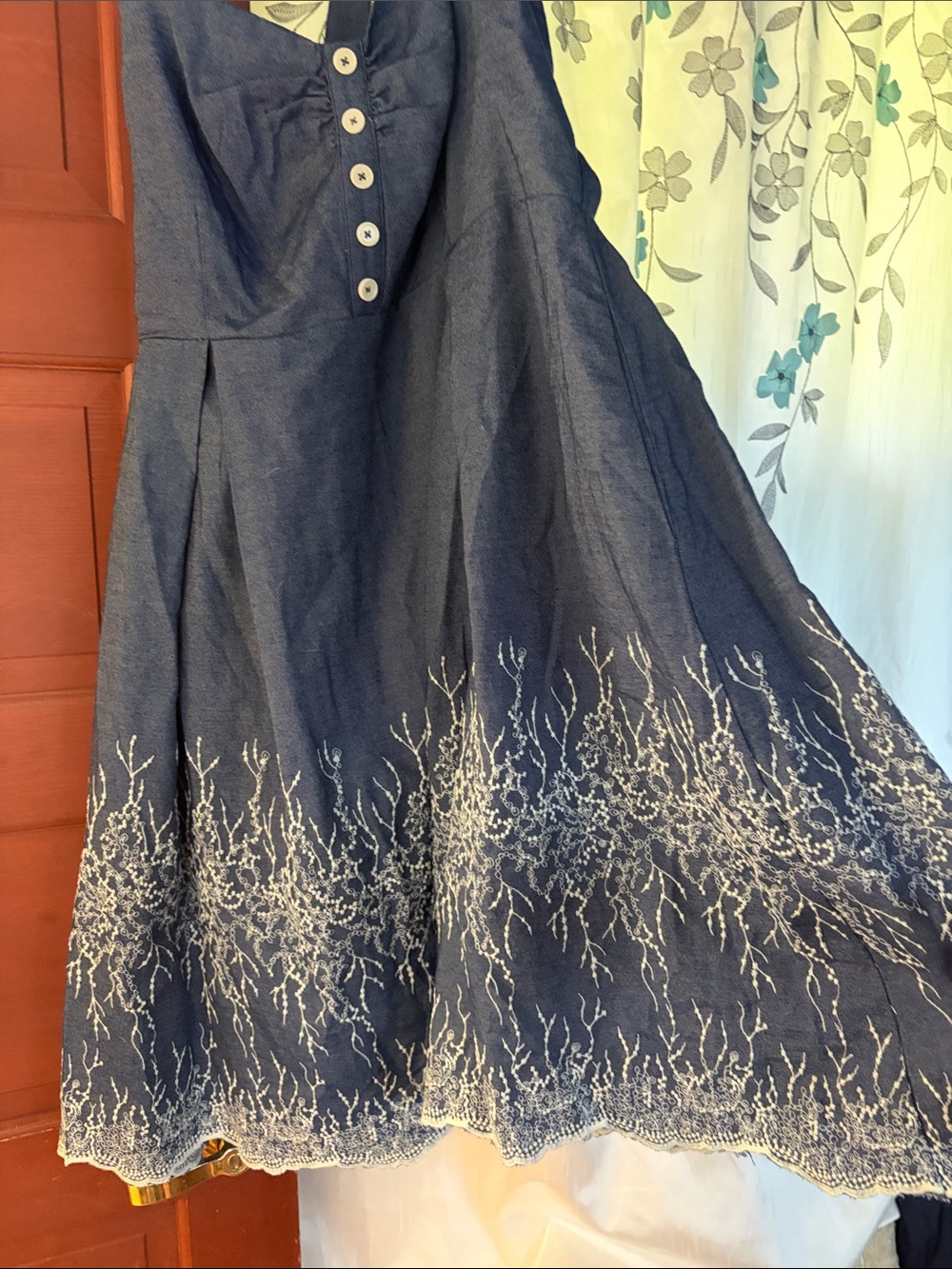 (NWOT) Modcloth Navy Blue Midi Dress with White Embroidery